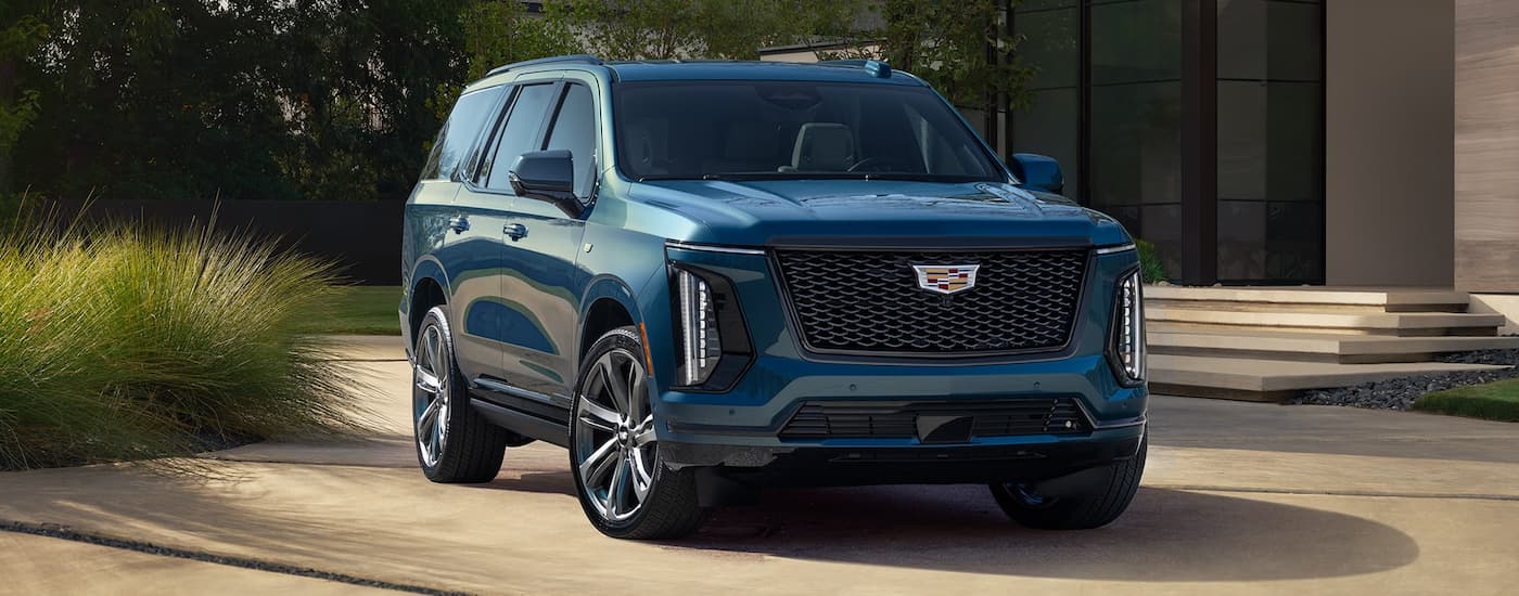Blue 2026 Cadillac Escalade parked on a driveway in front of a building.
