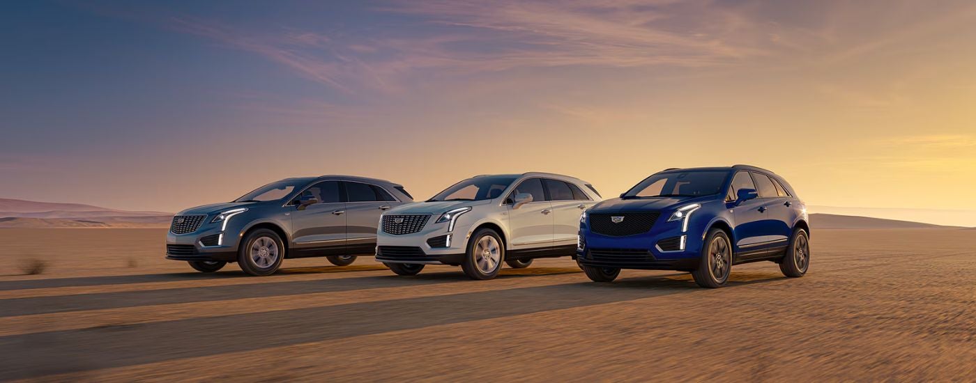 A gray, white, and blue Cadillac XT5 trio parked at sunrise.