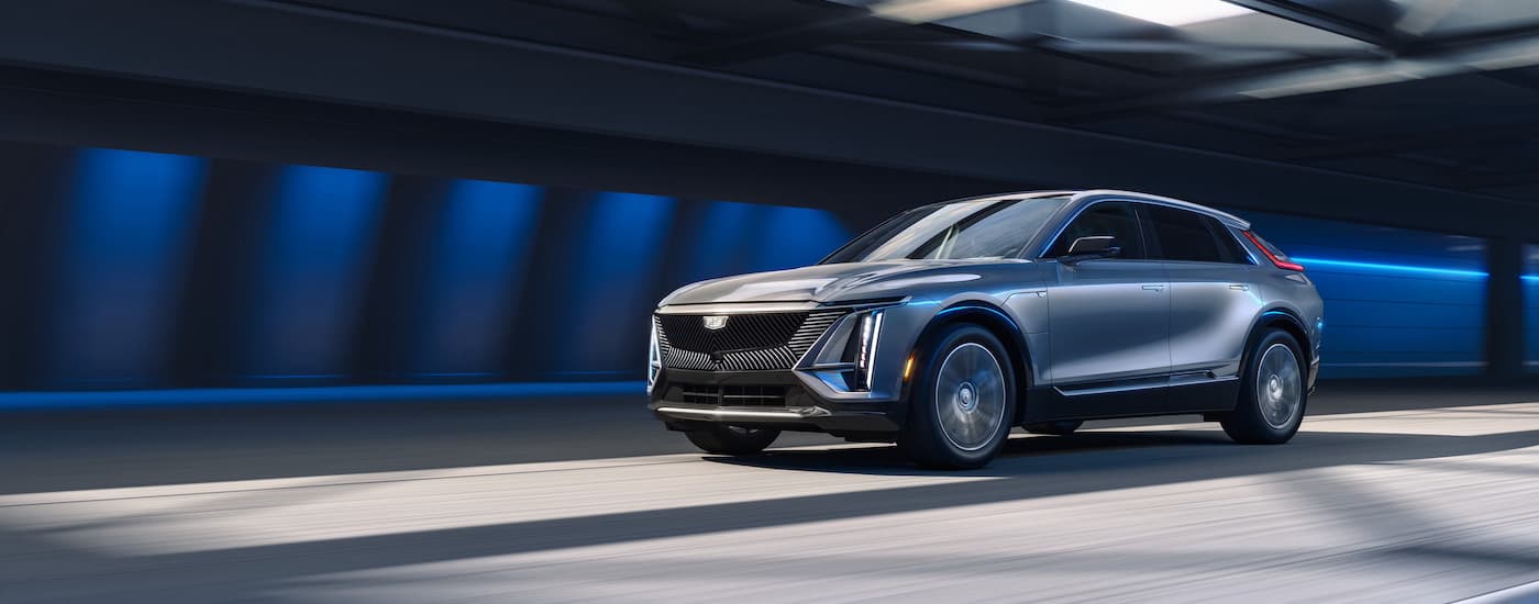 A silver 2025 Cadillac LYRIQ for sale near Fraser from the front.