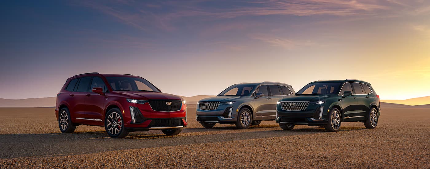 Three 2025 Cadillac XT6 parked on gravel.