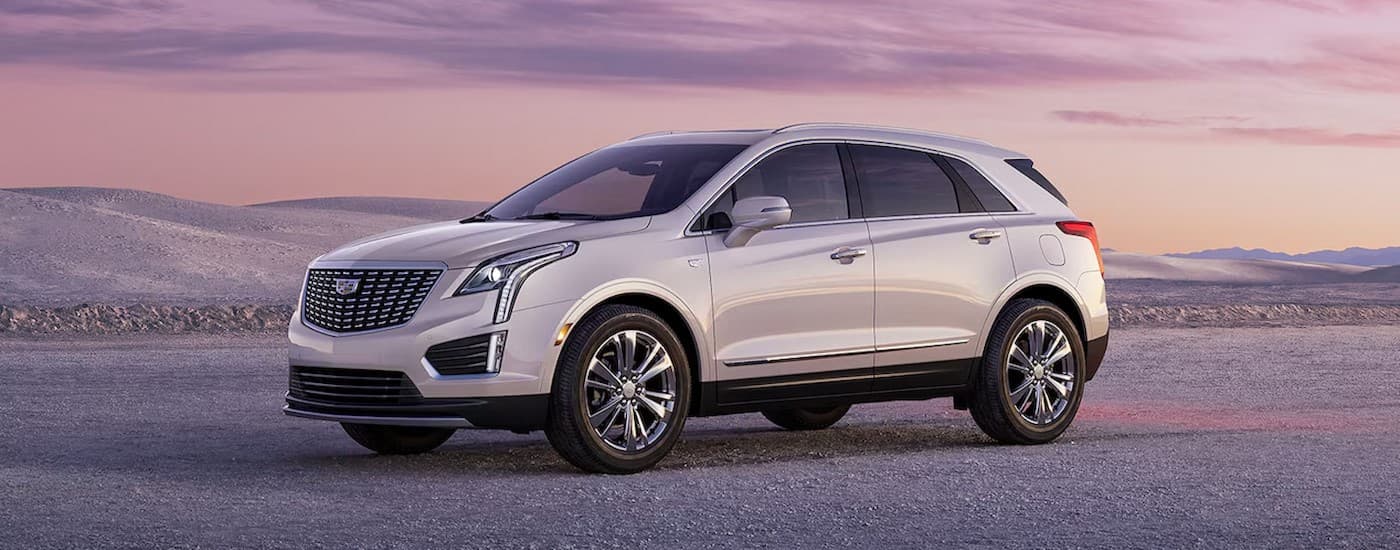 A white 2024 Cadillac XT5 parked offroad.